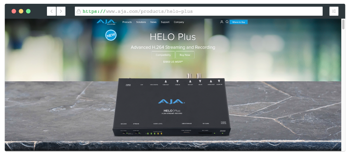 aja helo plus live streaming encoder